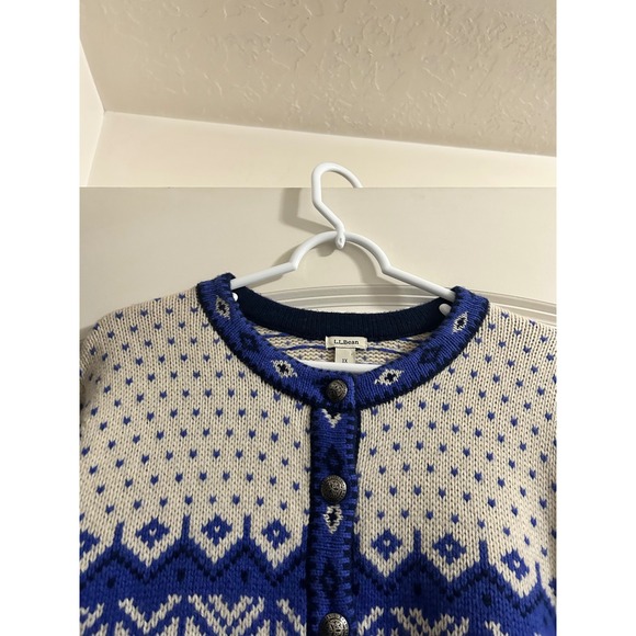 LL Bean Womens Blue Fair Isle Lambswool Cardigan Sweater Snowflake 1X - Picture 4 of 10